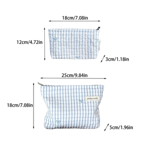 Size specifications for blue gingham bow cosmetic bags in small and large dimensions