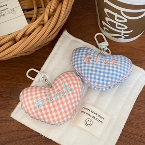 Cute Heart Shaped Gingham Cotton Fabric Stuffed Bag Charm Sweet Embroidered Letter Keychain For Handbags Backpacks