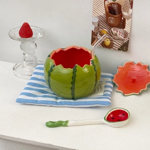 Creative watermelon ceramic bowl set with lid, spoon and glass straw for summer dining