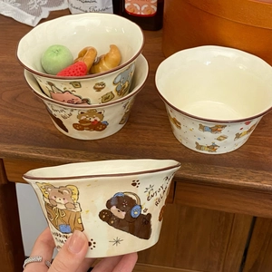 Cute cream ceramic bowl with hand-painted cartoon bear and pig illustrations