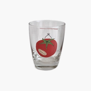 Minimalist transparent glass tomato water cup with thick base and red illustration