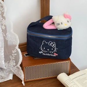 Cute Cartoon Cat Embroidery Denim Makeup Bag Large Capacity Travel Cosmetic Pouch Portable Handheld Toiletry Storage Case