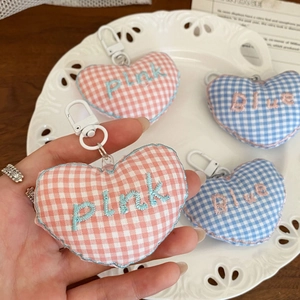 Cute heart-shaped plaid fabric keychains with pink and blue embroidery and white hooks