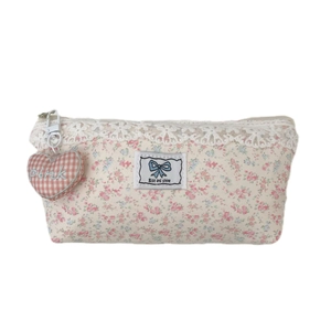 Floral cotton pencil case with white lace trim and pink plaid heart charm for students