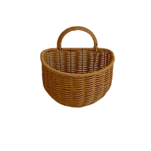 Handwoven wall-mounted storage basket in retro brown faux rattan style with top handle