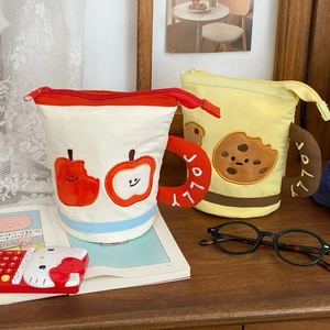 Canvas Mug Shaped Pencil Case Cute Embroidery Cookie Apple Cartoon Stationery Storage Pouch With Handle For Students