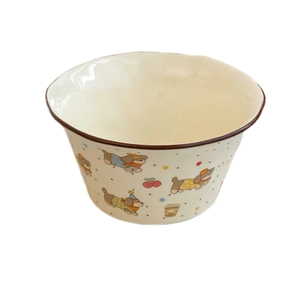 Cute cream ceramic bowl with wavy rim and cartoon puppy pattern for cereal and salads