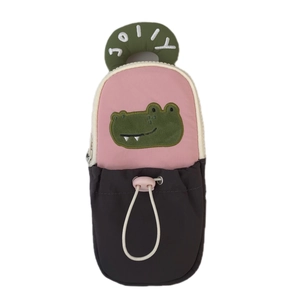 Cute cartoon standing pencil case with green crocodile embroidery and carry handle