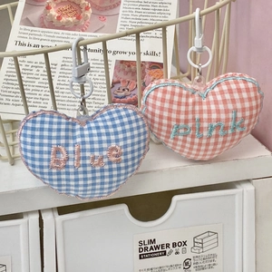 Cute plaid heart keychain pendants with embroidery and plastic hooks for mini bags