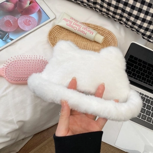 Cute white plush cat ear hat for winter warmth with soft faux fur and Japanese style
