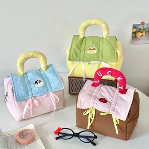 Three quilted cotton cosmetic bags with lucky embroidery and cute cartoon patches