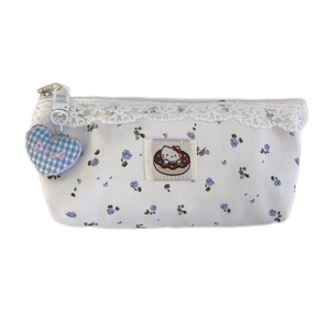 Floral cat pencil case with lace trim, large capacity stationery bag with heart pendant