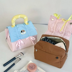 Quilted makeup bag with Lucky embroidery and cute cat patch in colorful dopamine style