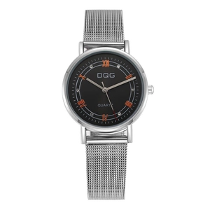 Women's quartz watch with silver mesh strap, black dial, Roman numerals and rhinestones