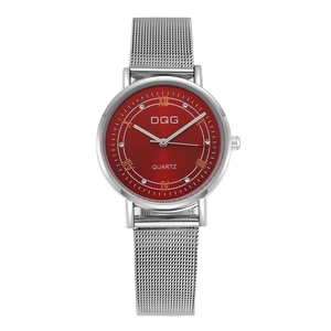 Detail of red sunray dial with Roman numerals and crystals on silver mesh watch