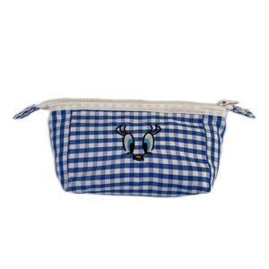 Blue and white plaid pencil case with cute cartoon embroidery and large capacity