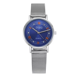 Fashion women's silver mesh watch with blue sunray dial and Roman numeral crystal markers