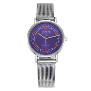 Detail of silver mesh strap watch with purple dial and Roman numeral markers