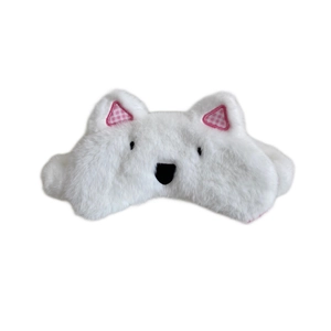 Cute white plush Westie dog sleep mask with plaid ears for travel and naps