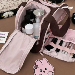 Large capacity travel makeup bag with multi-compartment dividers and soft double wide opening