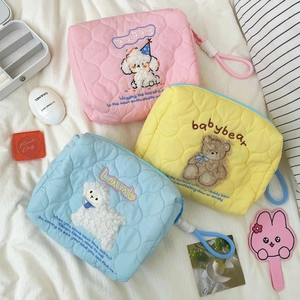 Kawaii Quilted Cotton Makeup Bag Embroidered Cartoon Animal Cosmetic Pouch Portable Travel Storage Organizer For Women
