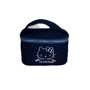 Denim makeup bag with cartoon cat embroidery and The Jolly House text on front