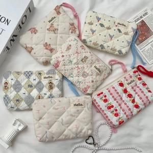 Quilted Cotton Coin Purse Mini Portable Travel Makeup Storage Pouch With Braided Lanyard Cute Cartoon Style For Women