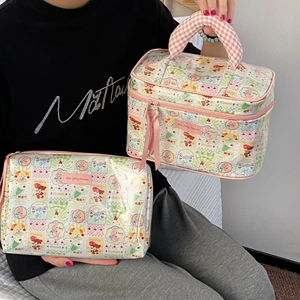 Vue détaillée de trousses de maquillage fleuries imperméables à grande capacité voyage