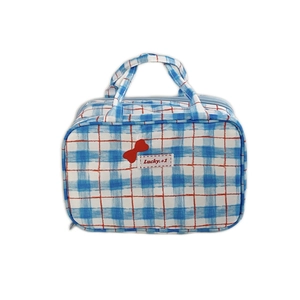 Blue and white checkered portable makeup bag with red bow and top handle for travel