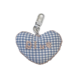Blue plaid heart keychain charm with BLUE embroidery and plastic spring clip