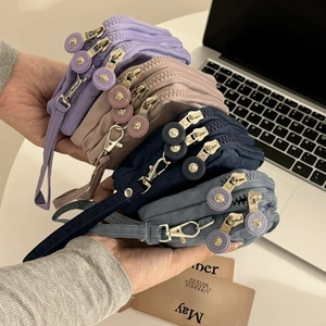 Portefeuille en tissu à trois fermetures éclair avec dragonne pour téléphones portables