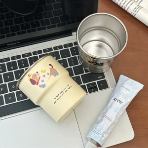 Cute dachshund stainless steel mouthwash cups set with cream dog illustration on a desk