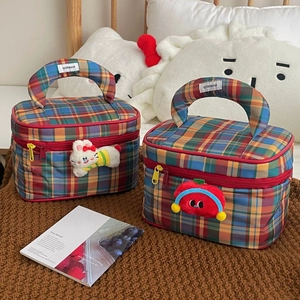 Plaid Makeup Bag Oxford Cloth Large Capacity Handheld Travel Cosmetic Organizer With Handle Partitioned For Women Girls
