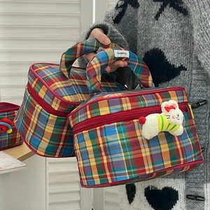 Cute large capacity checkered makeup bag with plush bunny pendant and red handle