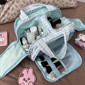 Large Capacity Cosmetic Bag Nylon Waterproof Gingham Pattern Travel Toiletry Organizer Portable Case Makeup Storage