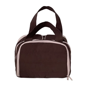 Quilted brown travel makeup bag with large capacity and double wide opening handles
