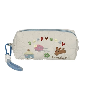 Quilted white puppy embroidery cosmetic bag with blue zipper and lobster clasp