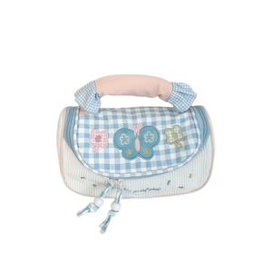 Cute butterfly embroidered handbag with blue plaid flap and macaron color accents