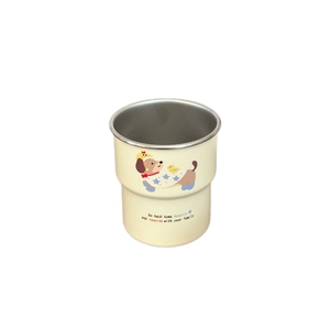 Beige stainless steel insulated cup featuring a cute dachshund cartoon and warm quote