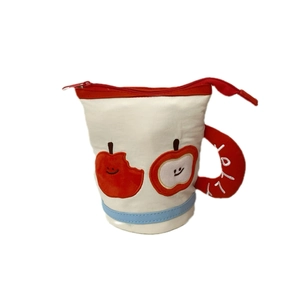 Cup-shaped canvas pencil case featuring apple embroidery and red handle for students