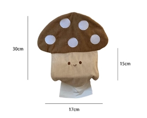 Detail view of mushroom tissue box holder made of soft brown corduroy with dimensions