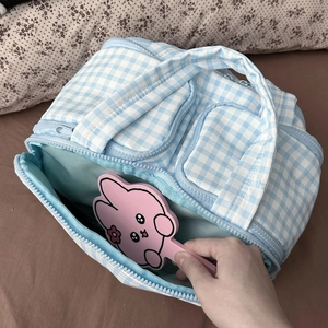 Blue checkered makeup bag with large capacity compartments and dual handle design