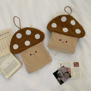 Corduroy mushroom tissue box holder with cute smiley face and hanging strap set of 2