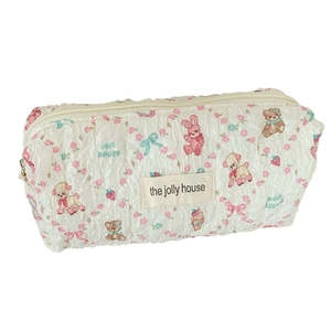 Quilted floral pencil case with cute animal prints and large storage for school