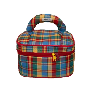 Multi-color plaid makeup bag with thick handle and vibrant dual contrast zippers