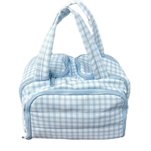 Blue gingham wide-opening travel makeup bag with large capacity and sturdy handle