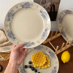 Close-up of ceramic plates with blue floral patterns and smooth glazed finish