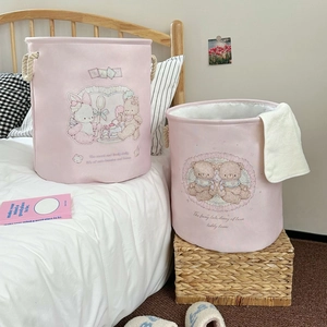 Cotton Linen Laundry Hamper Large Capacity Foldable Storage Basket With Rope Handles Cartoon Bear Rabbit For Nursery