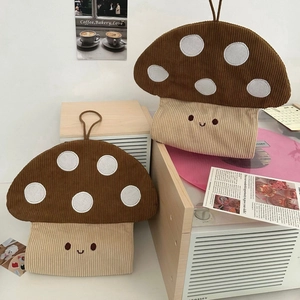 Cute mushroom hanging tissue bag set made of corduroy with embroidered smiley faces