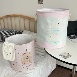 Foldable canvas laundry hamper with cute bear and puppy prints for home organization